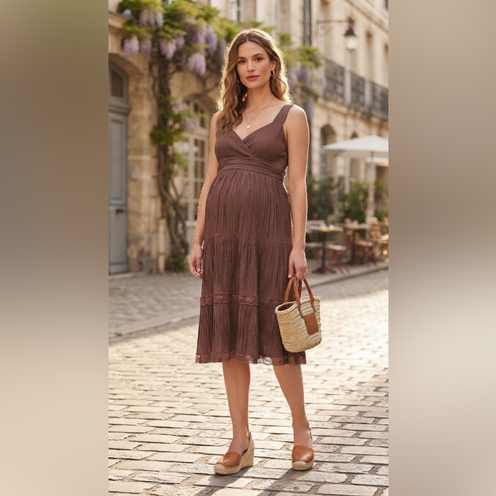 Motherhood Mauve-Brown Tiered Tie-Shoulder Sundress